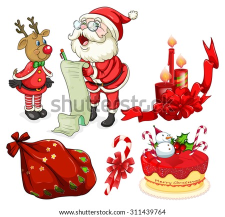 Christmas flashcard with Santa and ornaments illustration