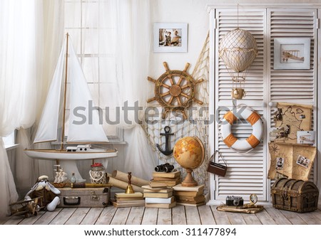 Interior children's room in the style of travel and tourism