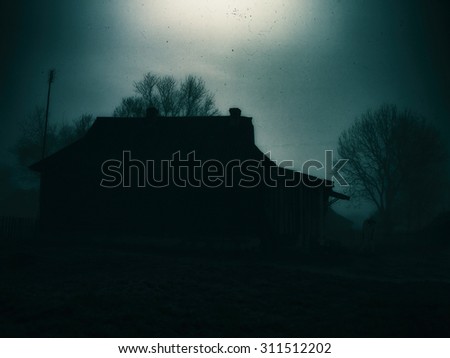 Horizontal classic zombie horror cabin with zombie scary background