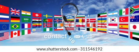 contact concept , headset with flags on sky, and contact us text