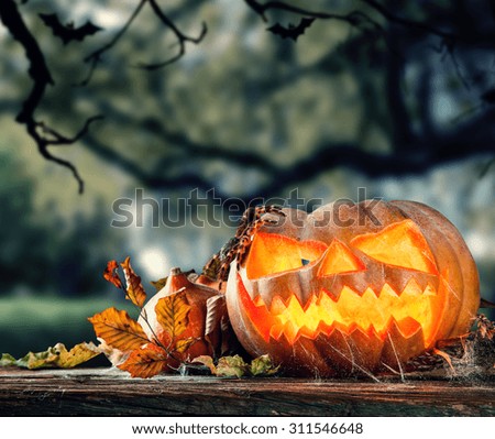 Halloween pumpkin on wooden planks with old tree on background