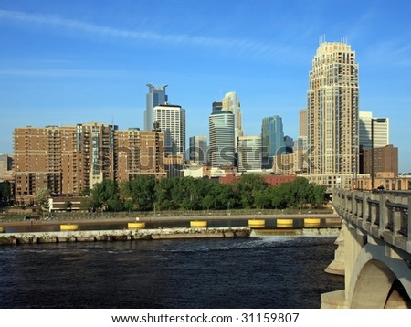 Downtown Minneapolis and Mississippi view from the bridge