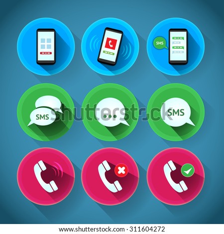 Colorful flat phone icons with long shadow. Business, communication and marketing icons. Vector illustration.