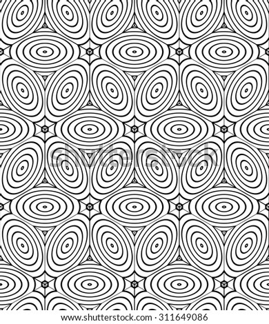 Contrast black and white symmetric seamless pattern with interweave figures. Continuous geometric composition, for use in graphic design.