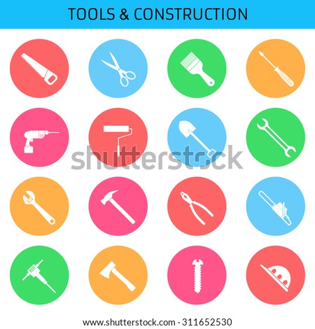 Web icons set for tools: saw, scissors, paint brush, screwdriver, drill, roller, shovel, wrench, adjustable wrench, hammer, pliers, chainsaw, hammer, axe, screw helmet. Design flat.