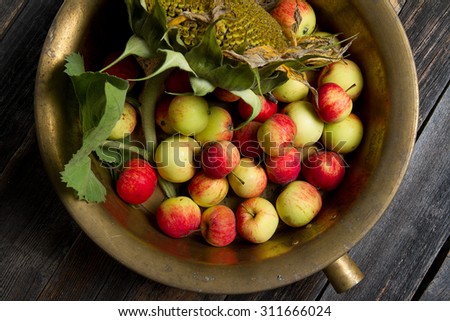 Small northern apples and sunflower in a copper pelvis