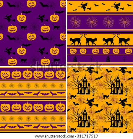 halloween pumpkins, bats, flying witch and cat, seamless patterns set