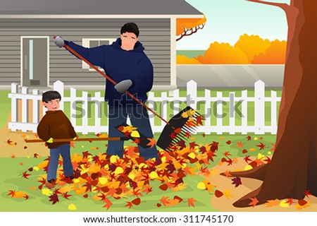 A vector illustration of father and son raking leaves in the yard during Fall season