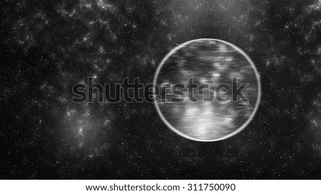 Horizontal black and white right aligned spinning planet in space background