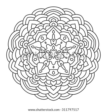Round mandala for coloring. Ethnic symmetric pattern for the design is drawn with a thin black line on a white background.