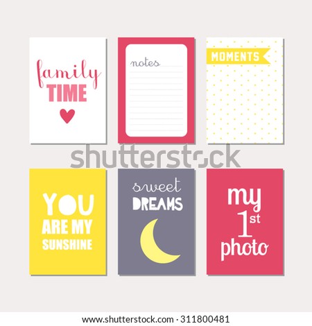 Set of journaling cards for newborn baby girl. Vector templates for scrapbooking, greeting / gift cards, patterns, art decoration etc.