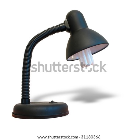 Black desk lamp with shadow over white background