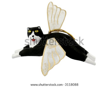Wooden Cat Angel Ornament; Whimsical, Hand-painted Christmas Ornament