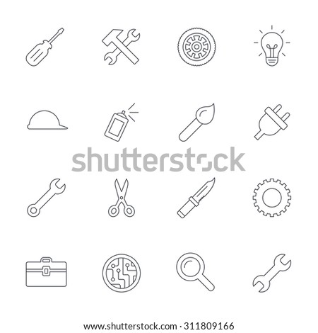 Repair tools icons. Hammer with wrench key, wheel and brush. Screwdriver, electric plug and scissors. Circuit board, magnifying glass and construction helmet. Outline line icons on white background.