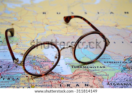 Glasses on a map of Asia - Armenia
