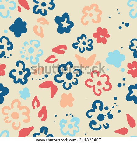 Vector Seamless Pattern with Hand Drawn Flowers and Dots