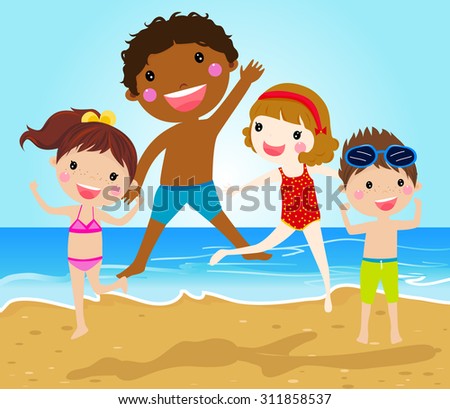 Group of kids jumping on beach