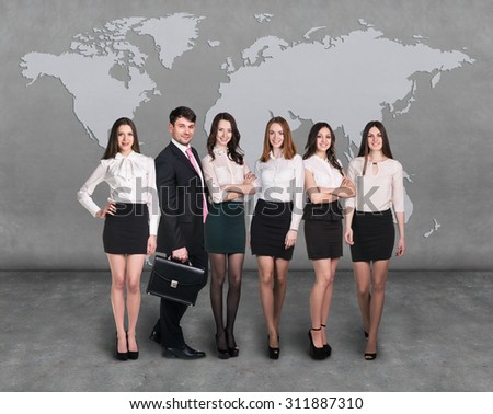business people team with world map on the wall. Elements of this image furnished by NASA