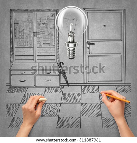 Idea interior background with lamp, sketch and human hand with pencil
