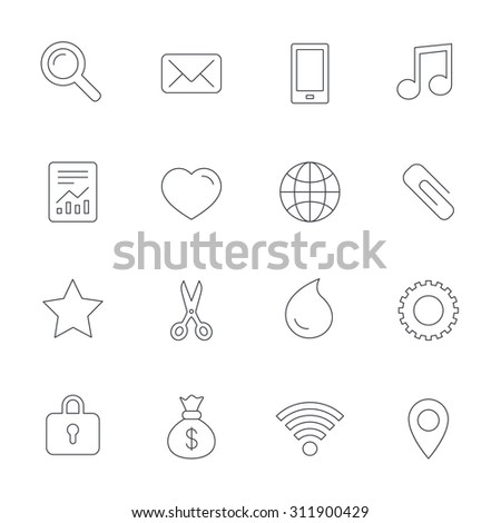 Universal icons. Smartphone, mail and musical note. Heart, globe and share symbols. Paperclip, scissors and water drop. Outline line icons on white background. Vector