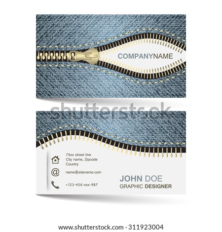 Business card template with denim jeans pattern and zipper for your creative design and individual or company presentation/vector illustration