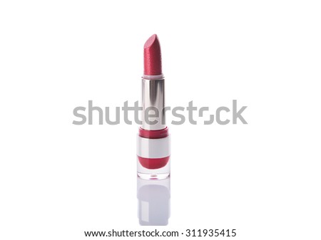 Beautiful red lipstick, studio shot isolated on white background with reflection 