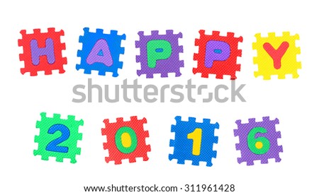 Happy 2016 from letter puzzle, isolated on white background.