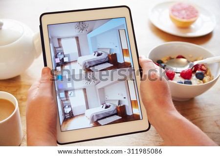 Person At Breakfast With Decorating App On Digital Tablet