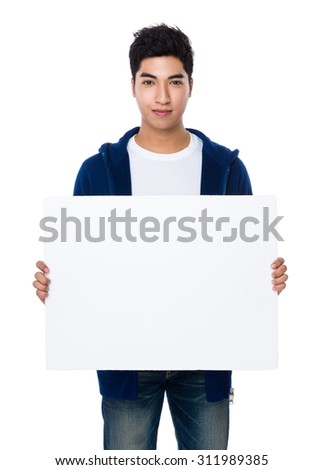 Asian young man show with the white board