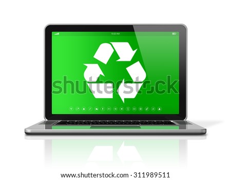 3D Laptop with a recycling symbol on screen. environmental conservation concept