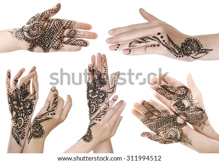 Collage with hands painted with henna, isolated on white