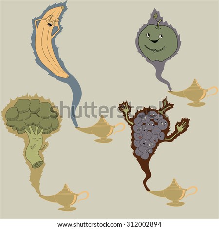 banana, broccoli, grapes and apple like a genies lamp fly out