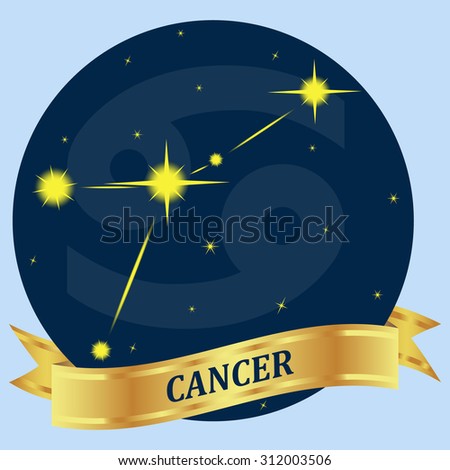 CANCER. Constellation and zodiac sign in the blue circle. Gold ribbon. Vector Image.