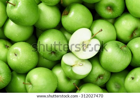 Green apple Raw fruit and vegetable backgrounds overhead perspective, part of a set collection of healthy organic fresh produce Royalty-Free Stock Photo #312027470