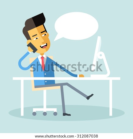 Handsome asian manager in formal suit sitting legs crossed at the desk with a computer and talking on cell phone. Cartoon character - asian businessman. Stock vector illustration style flat. 