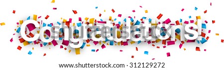 Congratulations paper sign over confetti. Vector holiday illustration.  Royalty-Free Stock Photo #312129272