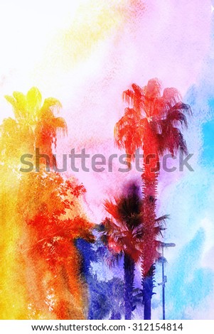 Beautiful watercolor palm trees in a tropical garden
