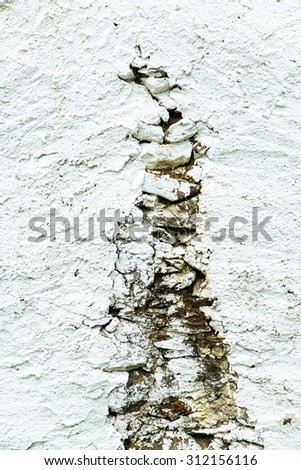 crack in a white wall with mortar and stones