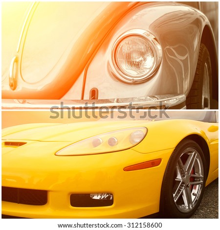 Collage of beautiful sunny part of luxury cars
