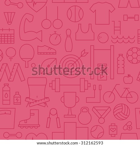 Thin Line Sport Items and Fitness Seamless Pink Pattern. Vector Exercises Design and Seamless Background in Trendy Modern Line Style. Thin Outline Art