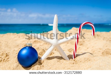 Merry Christmas and Happy New Year background with starfish and ball on the tropical beach near ocean in Hawaii