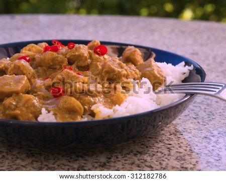 Detailed Picture of typical indian food lamb curry with rice and chili in the deep plate or shallow bowl. Hot meal served in the garden on the stone table with  green background. fork included.