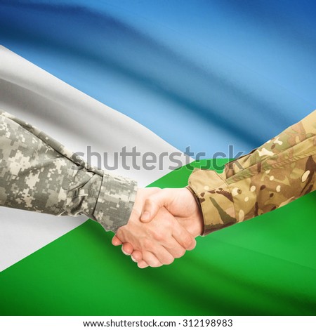 Soldiers shaking hands with flag on background - Djibouti