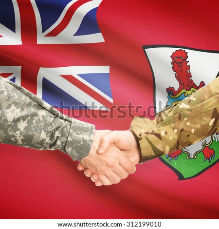Soldiers shaking hands with flag on background - Bermuda