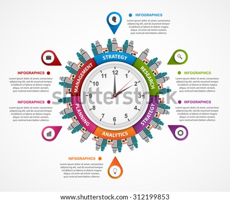 Abstract infographic in the clock in the centre. Can be used for websites, print, presentation, travel and tourism concept. Design elements. 