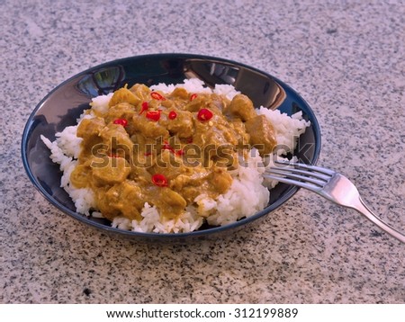 Detailed Picture of typical indian food hot lamb curry with rice and chopped chili served on the deep plate or shallow bowl in the garden on the stone granite table with silver or stainless steel fork.
