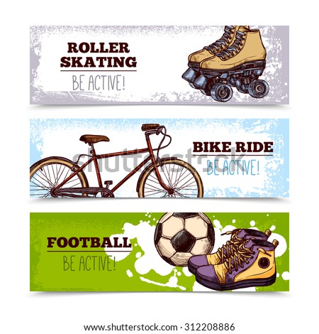 Summer sport horizontal banners set with hand drawn bicycle and football ball isolated vector illustration