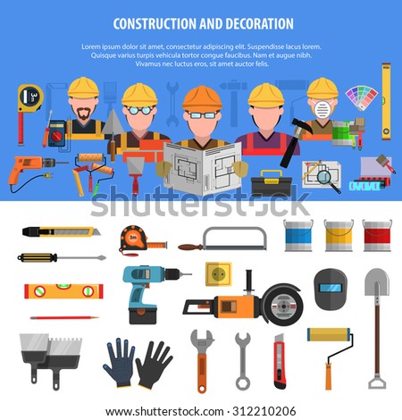 Worker horizontal banner set with construction and decoration elements isolated vector illustration