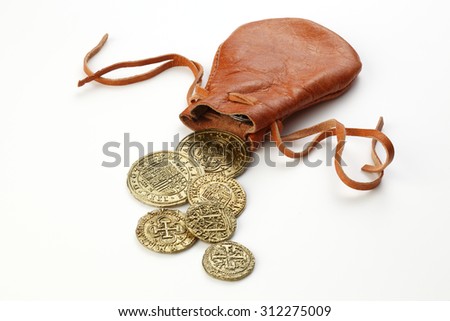 Gold Doubloons with leather pouch on white background