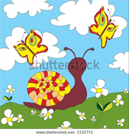 Snail and butterflies (vector)